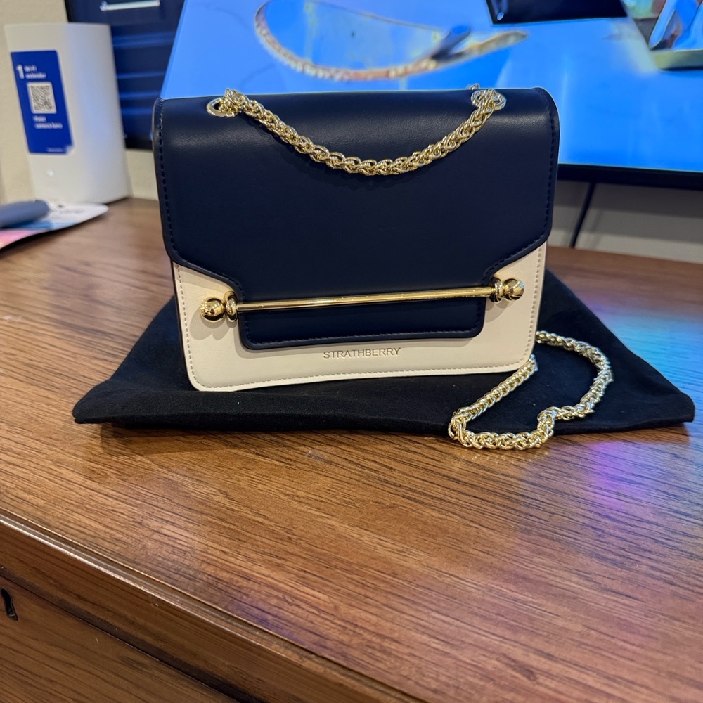 Strathberry Navy and White Crossbody Bag with Gold Chain
